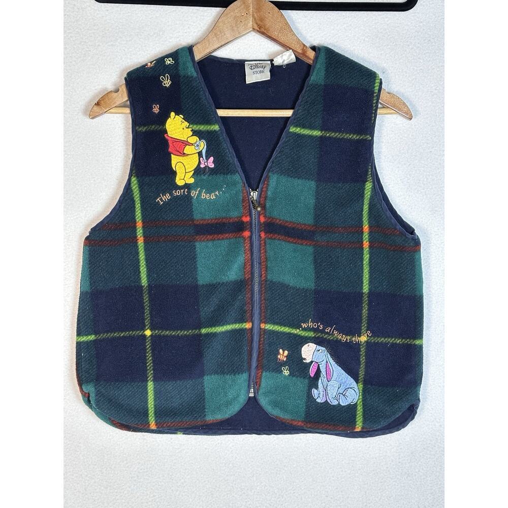 Vintage Disney Vest Womens Small Winnie The Pooh Tartan Plaid Fleece Embroidered